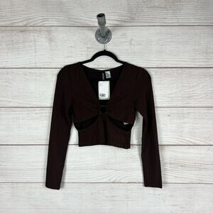 H&M Women's Brown Ribbed Long Sleeve Cut Out Cropped Top Size Small